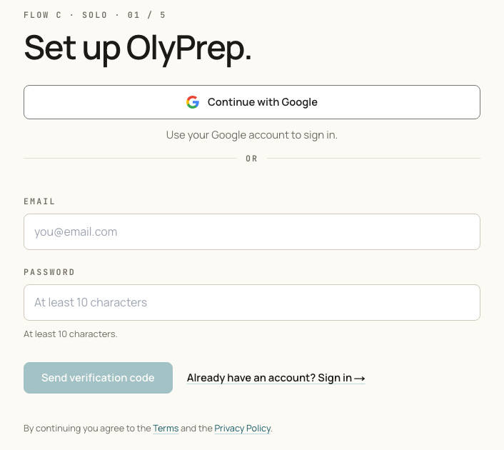 The first step of the signup page: a Continue with Google button at the top, then an “or” rule, then the email and password fields underneath.
