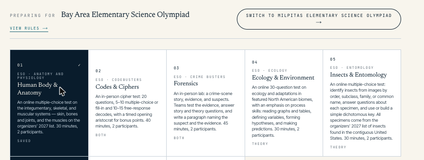The account page showing which olympiad an account is preparing for, a button to switch to the other one, and the saved topic tiles underneath.